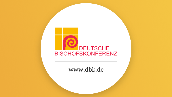 Das Logo zeigt ein stilisiertes Bischofsstab-Motiv in Pink auf gelbem Hintergrund. Der gelbe Hintergrund ist in vier Rechtecke aufgeteilt, ähnlich einem Kreuz. Rechts daneben steht der Text: „Deutsche Bischofskonferenz“. Unterhalb des Logos steht in schwarzer Schrift die Internetadresse: „www.dbk.de“.
