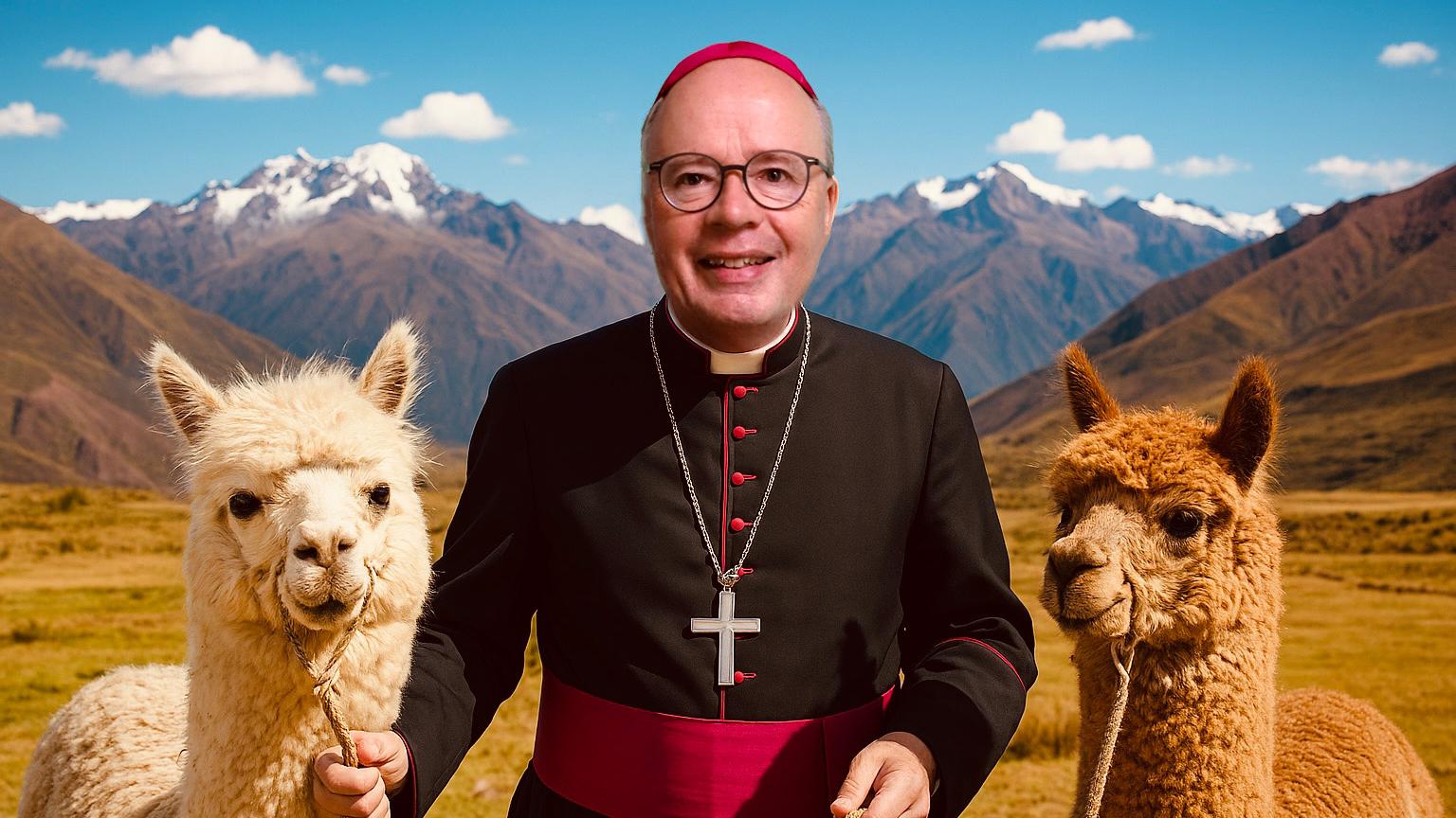 Bischof Ackermann mit den Alpakas Pedro und Paolo