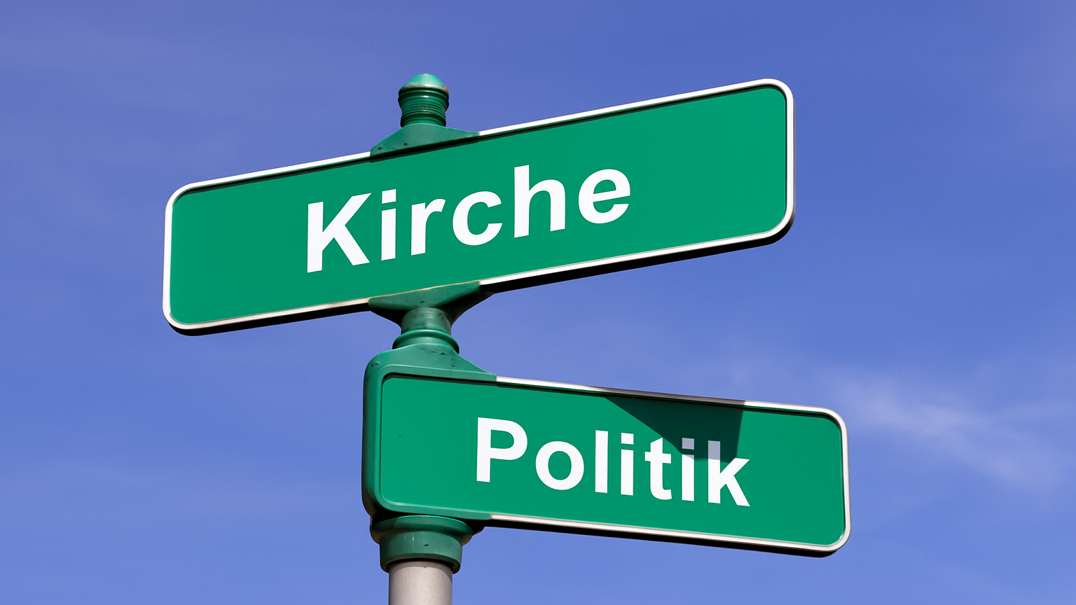 Straßenschilder mit den Aufschriften „Kirche“ und „Politik“ vor blauem Himmel.   (Alt-Text erstellt mit KI-Unterstützung)