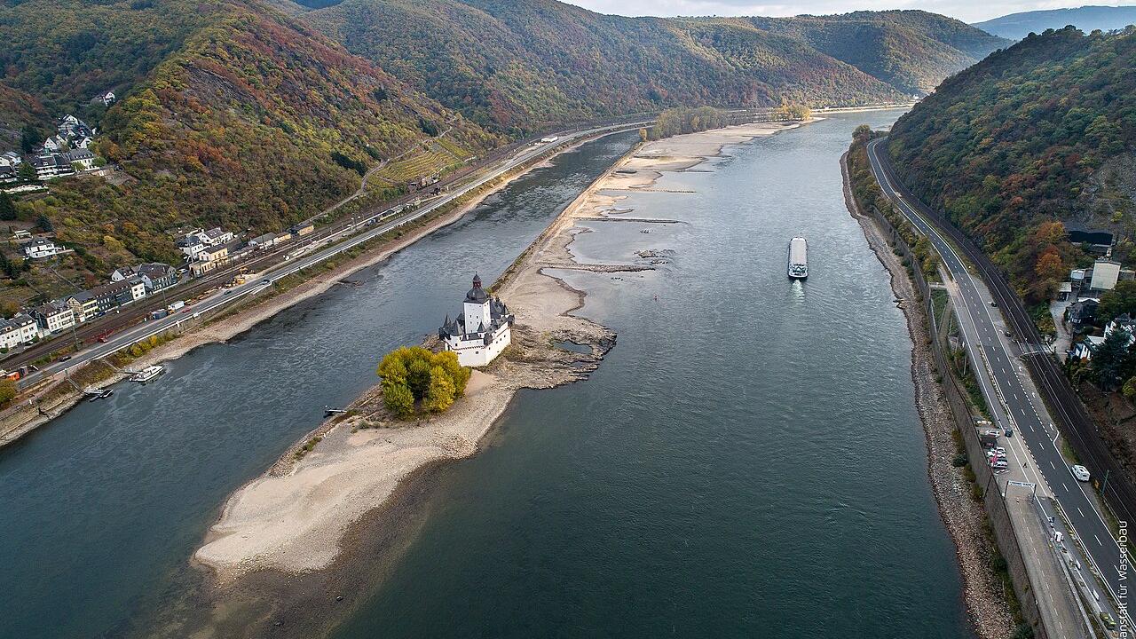 Blick von Oben auf den Rhein - in der Mitte sowie an den Ufern sind Sandbänke zu erkennen.