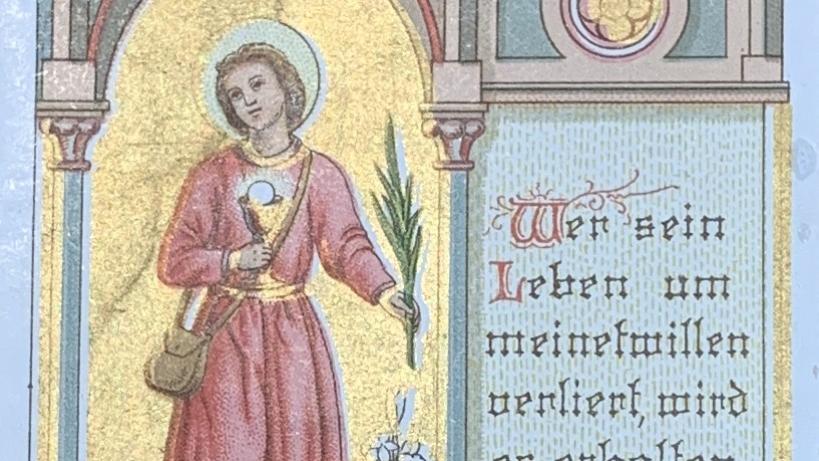 Andachtsbildchen: Heiliger Werner mit Kelch und Palme in gotischem Rahmen